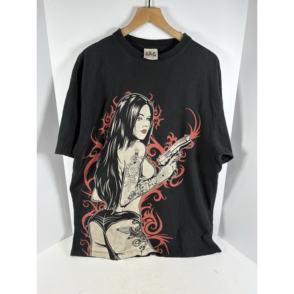 Pro Power XL Graphic T Shirt Super Heavy Cotton Tattoo Girl Pistol Black